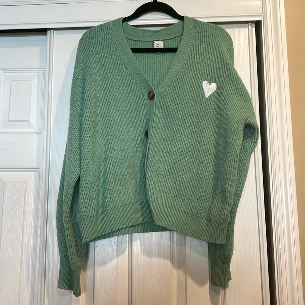 a.new.day Mint green sweater with embroidered heart on left side.